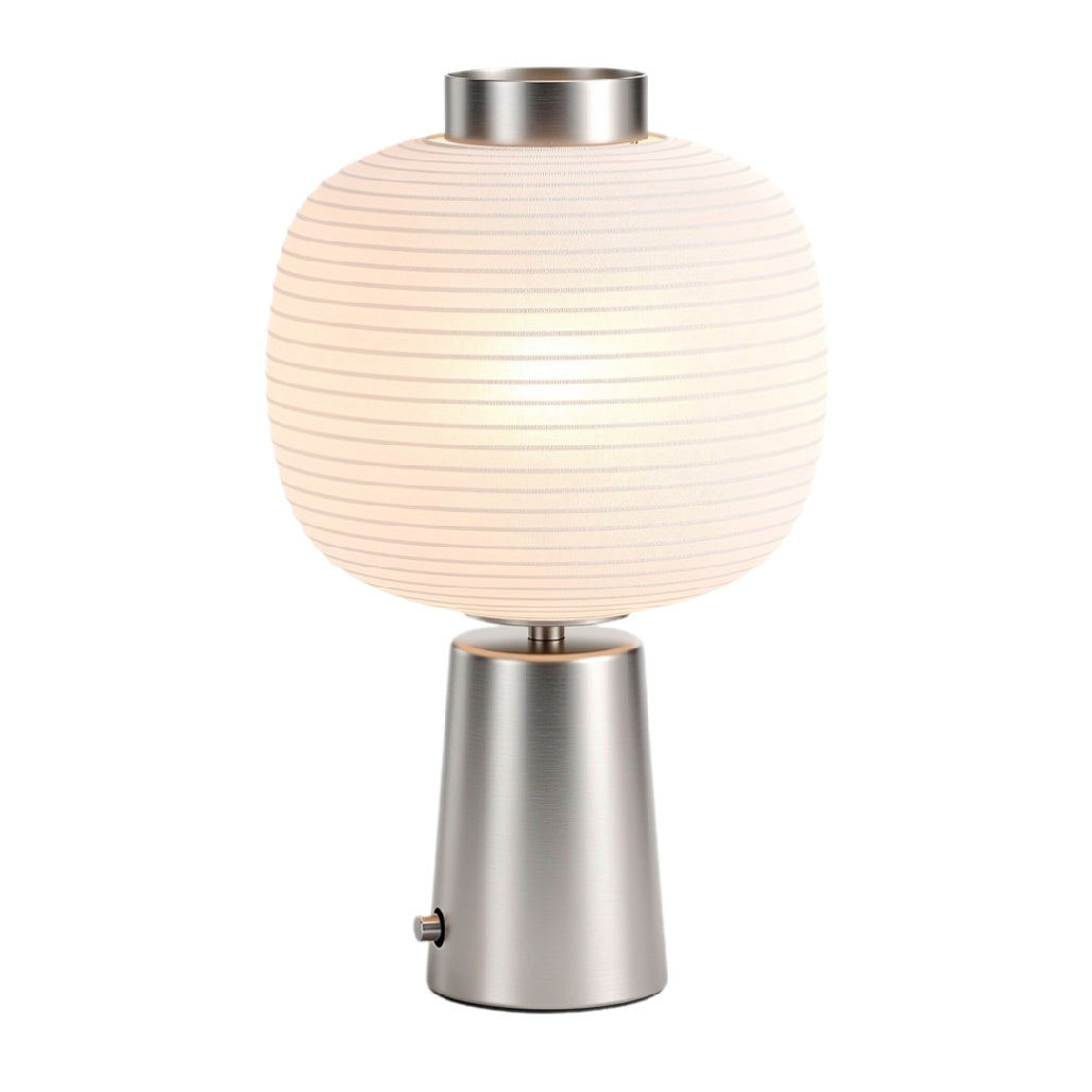 Lampa stołowa z abażurem w kształcie kuli, metalowa podstawa